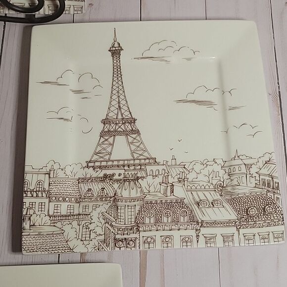222 Fifth CITY SCENES Sepia Appetizer/dessert PARIS Eiffel Tower Plates Lot 4 - Picture 3 of 7
